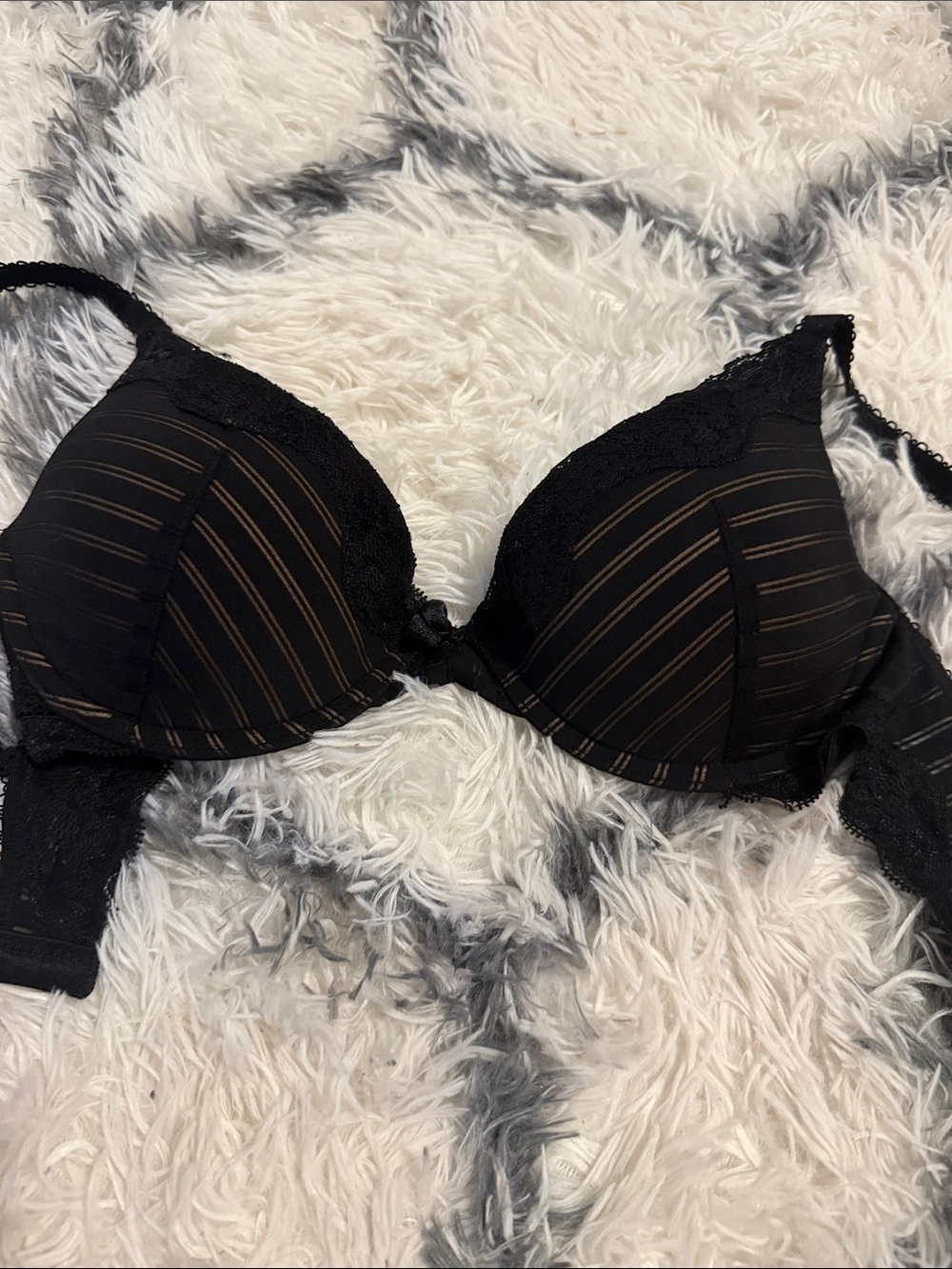 Ambrielle Black Lace-Trim Push-Up Bra with Sheer Stripe Detail
